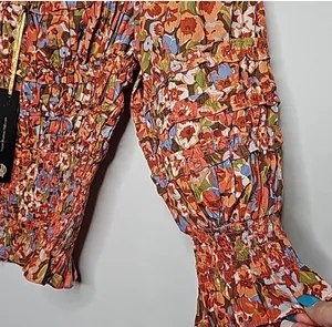 NWT House of Harlow 1960 puff sleeve floral smocked top charisma orange top sz M thumbnail 4