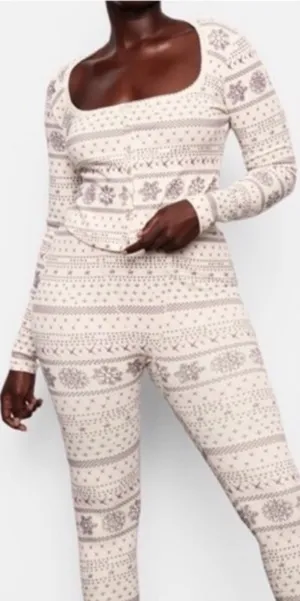 Skims 3X Fair Isle Cream Pointelle Henley Pajama Top Snowflakes Winter Holiday thumbnail 1