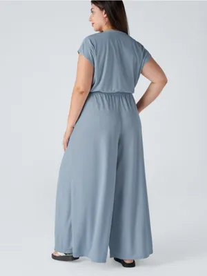 NWOT Halara Blue V Neck Short Sleeve Wide Leg Jumpsuit thumbnail 2