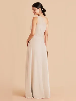 Birdy Grey Kira One Shoulder Chiffon Bridesmaid Formal Dress Slit Champagne L thumbnail 2