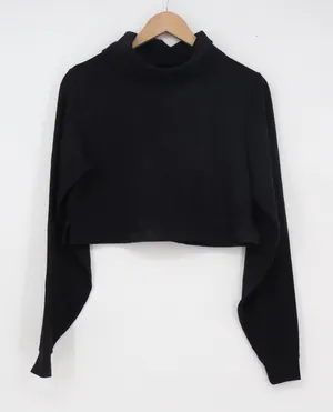 Balera Black Mock Neck Cropped Sweatshirt Sheer Mesh Back Long Sleeve SA thumbnail 1