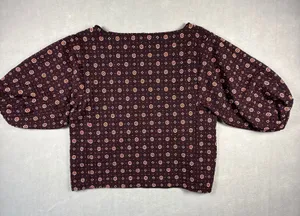Loft Women Burgundy Floral Medallion Puff Sleeve Textured Blouse Size L thumbnail 1