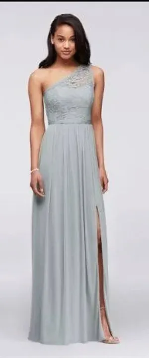 David’s Bridal One-Shoulder Lace Chiffon Gown – Misty Blue – Size 16 – NWT thumbnail 1