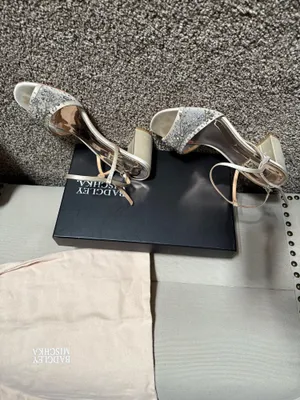 Badgley Mischka Ivory Satin Block Jewel Heel Sandals thumbnail 2