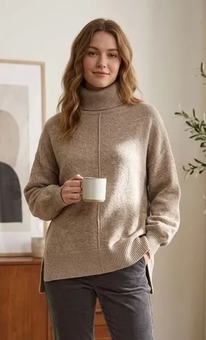 HM Womens Sweater S Oversized Beige Marl Turtleneck Wool‎ Blend Seam Detail thumbnail 1