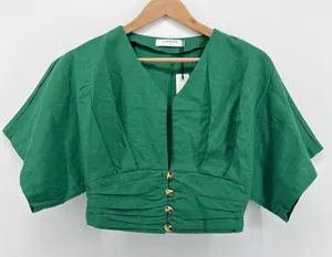 NWT Commense V-Neck Ruched Waist Linen Blend Crop Top Green‎ Gold Buttons Small thumbnail 1