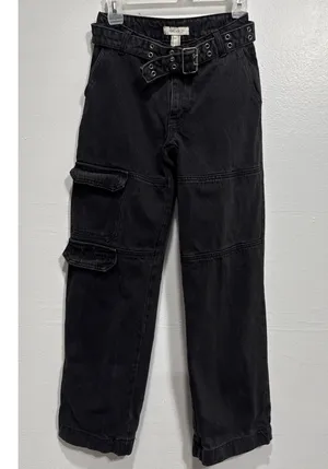 Forever 21 Jeans Womens Size 24 Cargo Wide Leg Belted Faded Black Denim Pants thumbnail 1