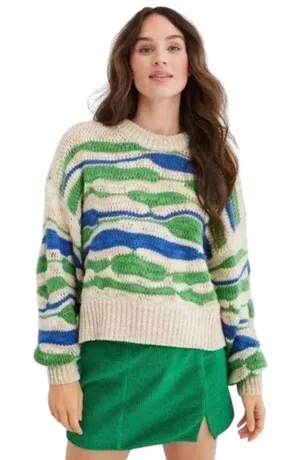 Aerie Wavy Stripe Sweater Womens S Green Blue Cream Chunky Knit Wool Blend Boho thumbnail 1