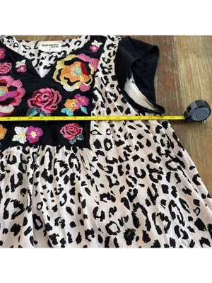 Savanna Jane Mini Dress 2X Beige Black Leopard Floral Multicolor Embroidery Boho thumbnail 11