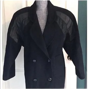 Vintage Leather & Wool Coat Double Breasted TRENDZ Size 4 Retro Classic Black thumbnail 3