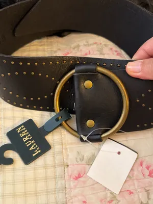 Ralph Lauren Black Leather Belt with Antiqued Gold Ring Buckle and Stud Accents thumbnail 1