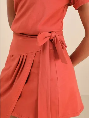 LULU’S Ioana Rust Red Short Sleeve Pleated Faux-Wrap Mini Dress thumbnail 2