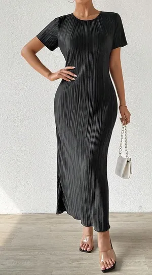 SHEIN pleated Crinkle short sleeve Slit maxi dress‎ black size 3XL thumbnail 1