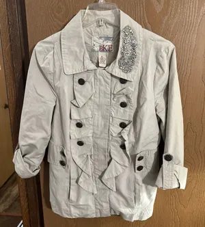 BKE Beige Ruffle Trench Coat Jacket Embellishments Collar Corset Back Detail Med thumbnail 1