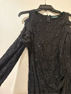 LRL Black Sequin Lace Cold Shoulder Ruffle Dress Size 10 / M (No Tag) thumbnail 2