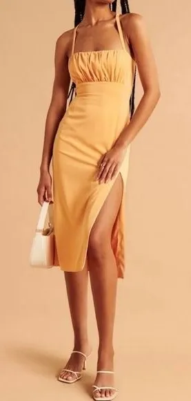 New Abercrombie‎ Fitch Orange Spaghetti Strap Ruched Side Slit Midi Dress Small thumbnail 1