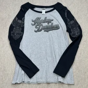 Harley Davidson Raglan Shirt Womens L Gray Bling Glam Biker Americana Moto USA thumbnail 1