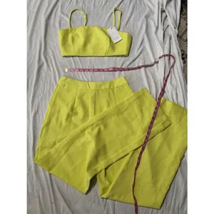 Aria Chartreuse Lime Two Piece Crop Top Wide Leg Pants Matching Set thumbnail 2