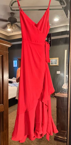NWT Lulus red wrap midi dress with cascading ruffle hem and adjustable spaghetti straps thumbnail 1