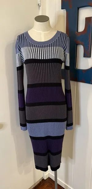 White House Black Market Striped Ribbed Long Sleeve Dress Sz M NWT thumbnail 1