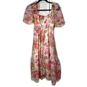 Abercrombie & Fitch Emerson Strawberry Floral Tiered Angle Sleeve Midi Dress S thumbnail 4