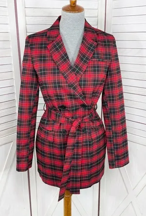 BeFree Tartan Plaid Double Breasted Tie Waist Trench‎ Overcoat Red XS thumbnail 1