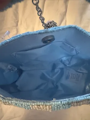 Sol and Mer Beaded Light Blue Striped Top-Handle Bag with Pasta and Tomato Motif thumbnail 8