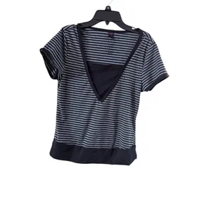 Romwe Black Gray Striped Short Sleeve Tee Shirt Large thumbnail 2