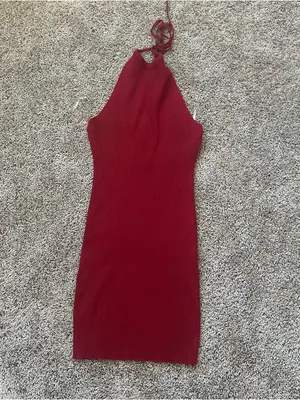 Shop Priceless Sleeveless Ribbed Halter Mini Dress in Deep Red thumbnail 2