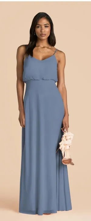 Birdy Grey Gwennie French Blue Chiffon V-Neck Maxi Bridesmaid Dress Slit Size L thumbnail 1