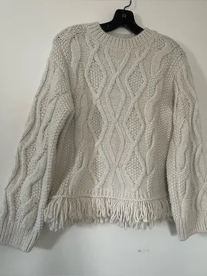Cream Cable Knit Fringe Sweater Womens Small Cozy Coastal Grandma Quiet Luxury thumbnail 2