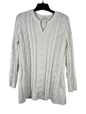 J. Jill Chenille Fisherman Cable Knit Tunic Sweater L Ivory Longline Pullover thumbnail 1