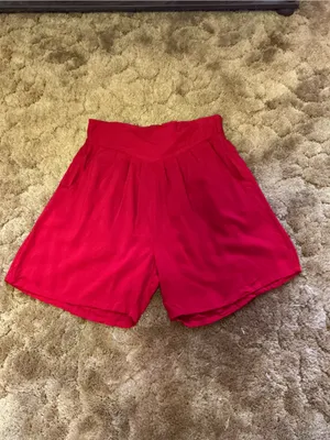 Vintage 80s Penny Lane Red High Rise Rayon Shorts Elastic Waist Pockets Large thumbnail 6