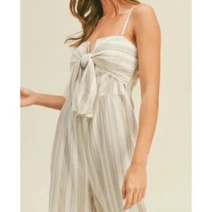 ✨MIOU MUSE sailor striped tie front jumpsuit in beige Sz Medium✨ White thumbnail 2
