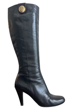 Vintage Gucci 202941 Black Leather Crest Medallion Knee High Boots 9B thumbnail 1