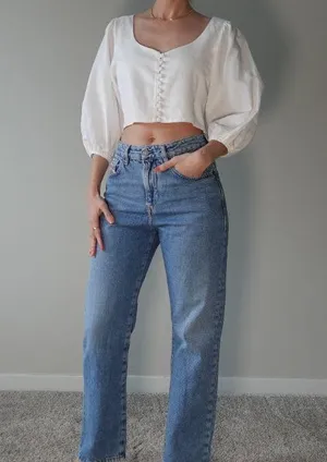 White Puff Sleeve Sweetheart Neck Shirt Size L thumbnail 1