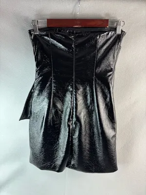 Misha ELLIE 4 Shiny Black Polyethylene Faux Leather Strapless Peplum Mini Dress thumbnail 1