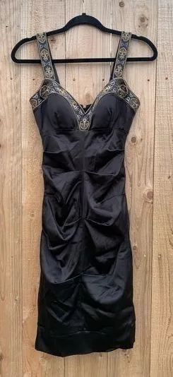 CACHE 2 Black Gold Cocktail Party Body con Dress‎ Stretch Satin Embroidered thumbnail 1
