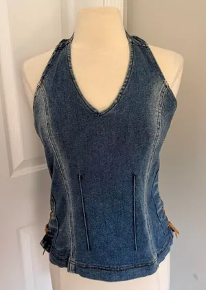 Y2k Medium Wash Village Jeans Denim Western Halter Neck Top thumbnail 1