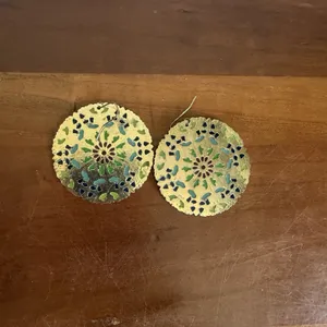 Gold Tone Metal Intricate Circular Filigree Design Colorful Enamel Earrings thumbnail 2