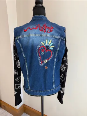 Ay Guey! Embroidered Wearable Art Denim Jacket Mexican Unique Boho SIze M thumbnail 5
