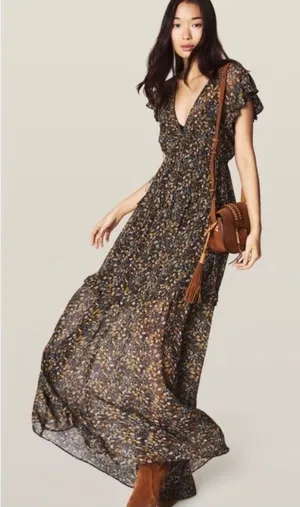 ba&sh Samantha Ruffled Leaf Print‎ Maxi Dress Black Gold Flutter Sleeve Small thumbnail 1
