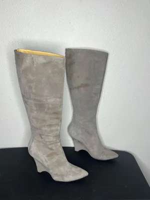 Kate Spade Grey Suede Leather Knee High Curved Wedge Boots Size 7.5 thumbnail 2