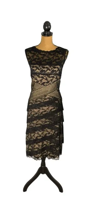 Blu Sage Black Nude Lace Cocktail Dress 16 Tiered Pleated Waist Wedding Guest thumbnail 1
