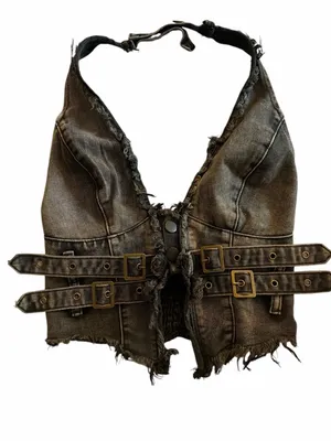 SheIn Frayed Denim Halter Top Buckle Backless Punk Hippie Jean Crop thumbnail 1