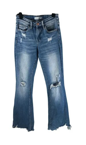 Vervet Flying Monkey Womens Jeans High Rise Flare Stretch Jean Frayed Distressed Hem 24 thumbnail 1