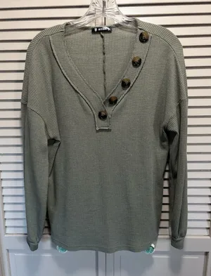 BTFBM Green Thermal Long Puff‎ Sleeve Top Big Buttons Size Medium Crew Soft thumbnail 1