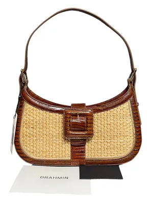 Brahmin Kyrie Jardim Woven Raffia & Embossed Leather Buckled Snap Shoulder Bag thumbnail 1