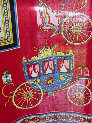 Equestrian horse-drawn carriage motif red and black border 33" Sq Silk thumbnail 5