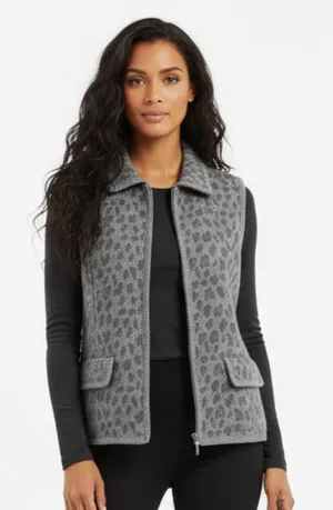 Lisa International Gray Sleeveless Animal Print Zip Up Wool Vest L thumbnail 1